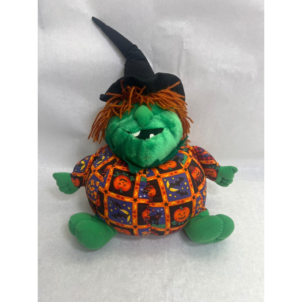 Kellytoy Halloween Witch Plush Pumpkin Body Green Face Orange Hair Toy